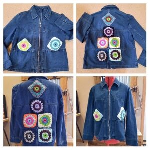 Upcycled jean jacket M handmade granny squares